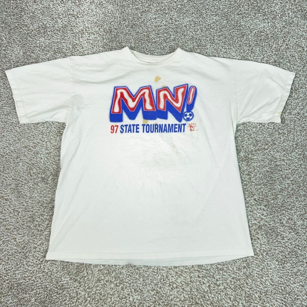 Vintage Adidas Shirt Men XL White Blue Logo Graphic Tee USA 1997 MN Soccer State